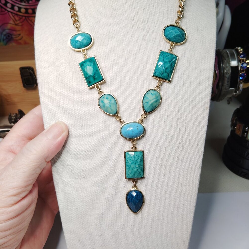 Gold Tone Statement Necklace Faceted Acrylic Beads 17" Drop Adjustable
